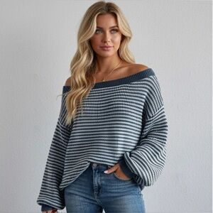 Striped Pattern Off Shoulder Lantern Sleeve Sweater Blue